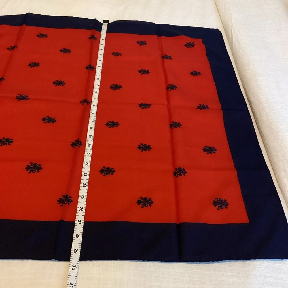 Leonardi Firenze Scarf Fleur-de-lis Pattern Red Navy Rolled Edges